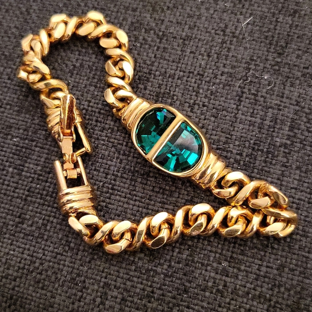 Vintage Goldtone and Faux Emerald S.A.L.O.  Bracelet